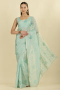 Turquoise Floral Resham Embroidered Cotton Saree