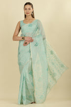 Turquoise Floral Resham Embroidered Cotton Saree