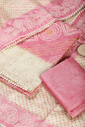 Coral Pink Color Tussar Silk Bandhani Printed Unstitched Suit Material