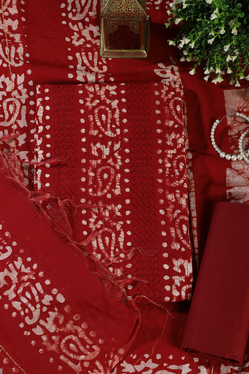 Maroon Cotton Printed And Resham Embroidered Unstitched Suit Material