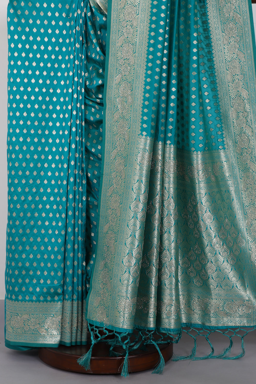 Teal Green Silk Zari Woven And Swaroski Work Saree