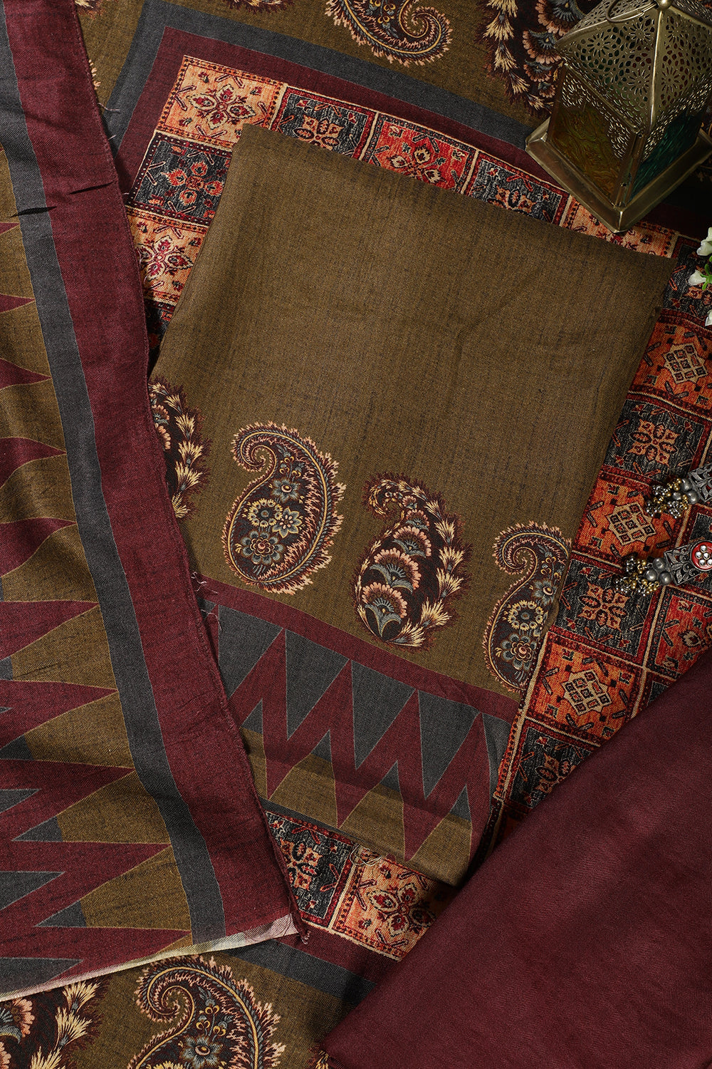 Olive Green Spun Printed Unstitched Suit