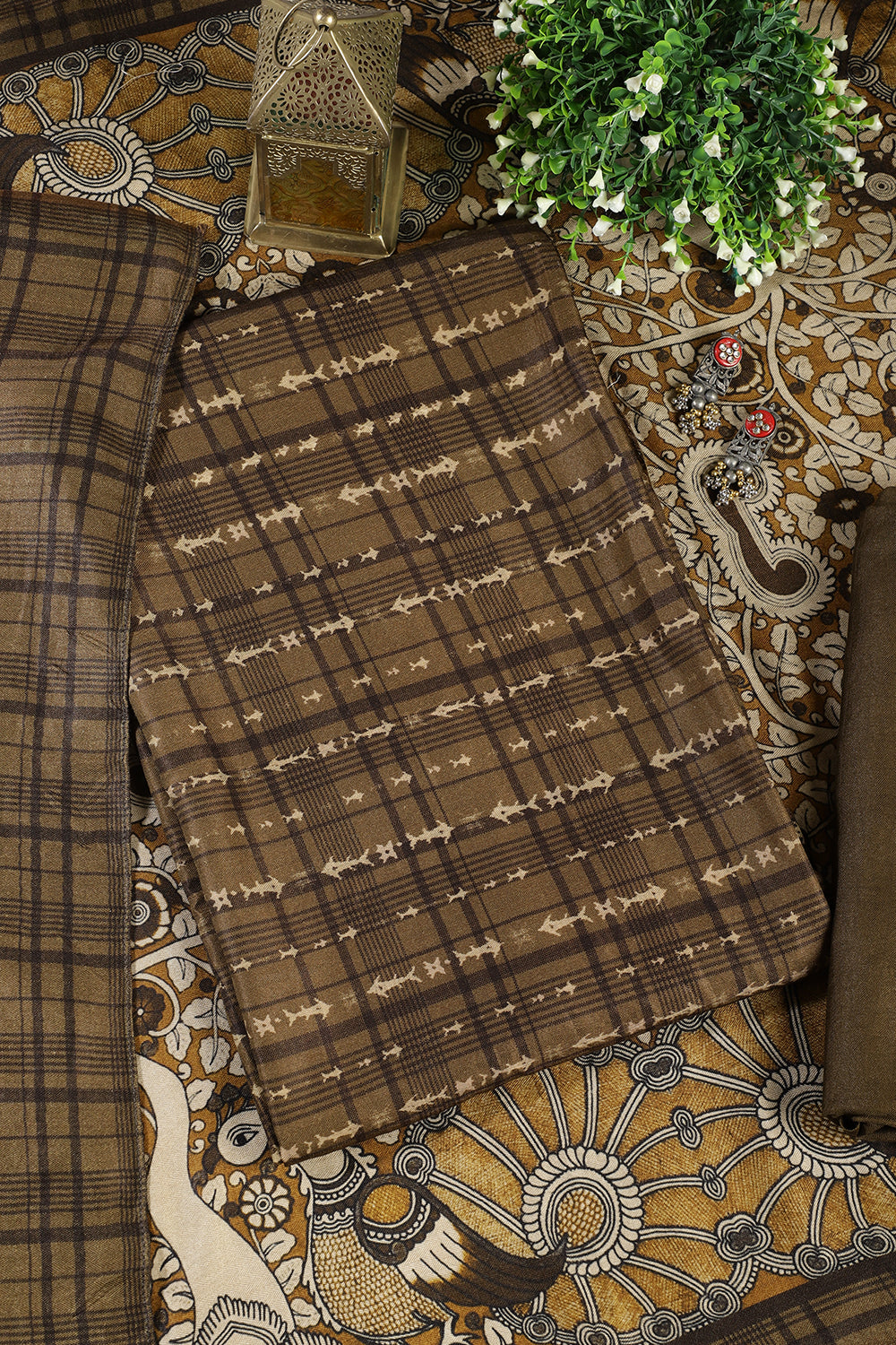 Moss Green Printed Spun Unstitched Suit Fabric