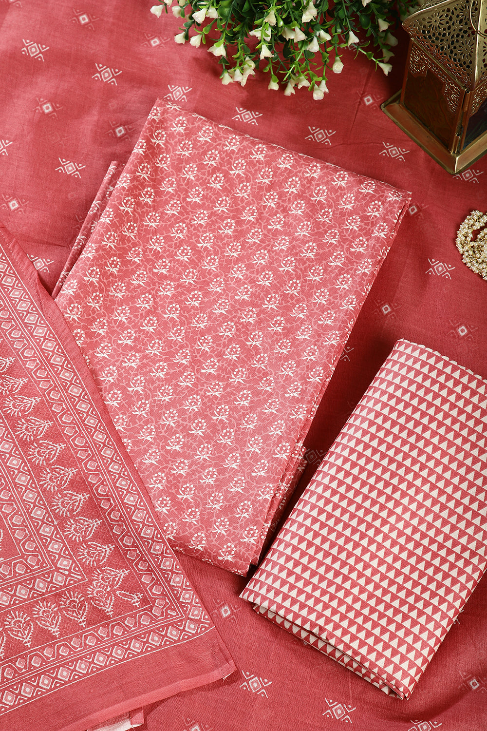 Peach Color Cotton Printed Unstitched Suit