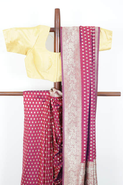 Wine Silk Zari Woven And Swaroski Work Saree