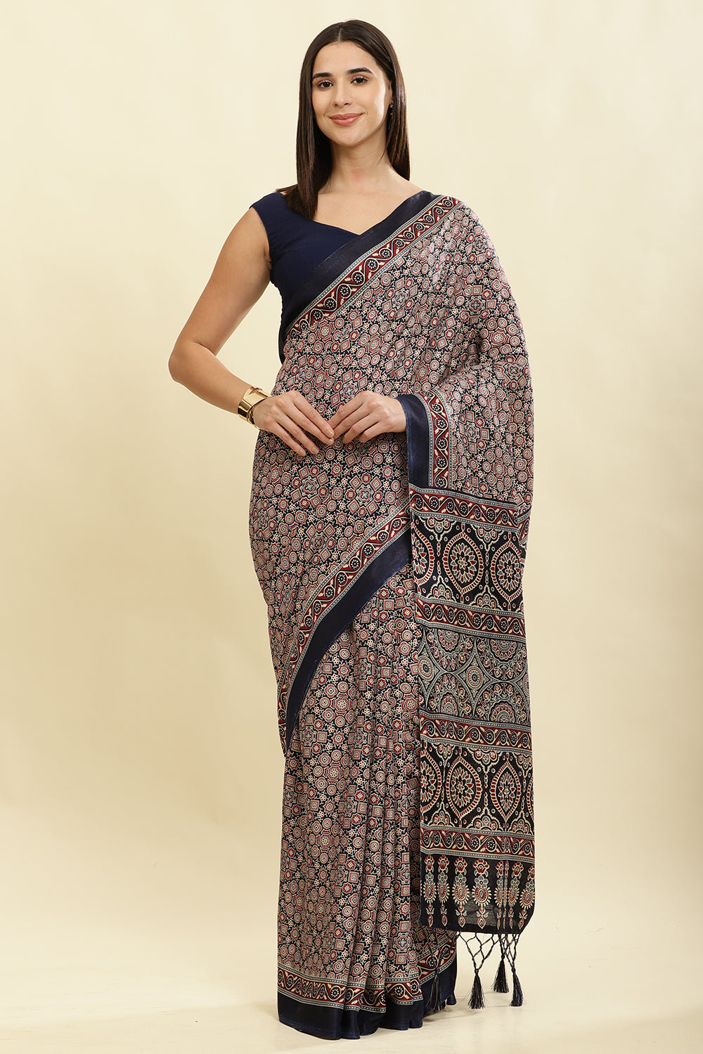 Navy Cotton Silk Ajrakh Block Printed Saree