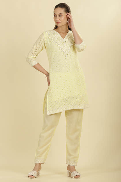 Pale Yellow Cotton Hacoba Style Neck-Embroidered Kurta Set