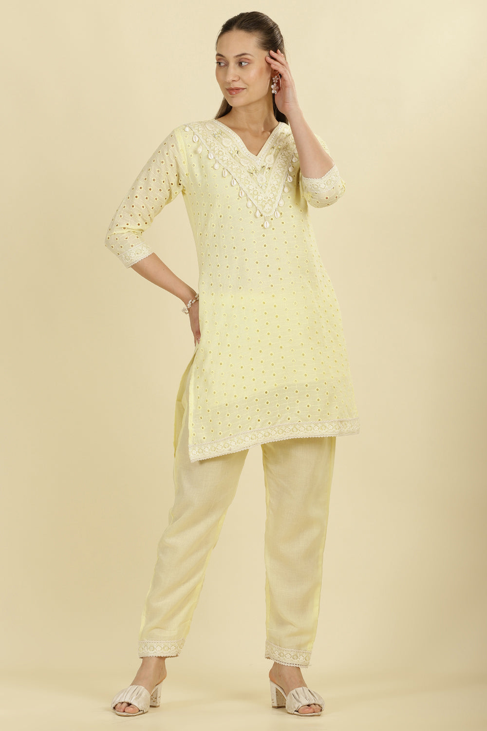 Pale Yellow Cotton Hacoba Style Neck-Embroidered Kurta Set