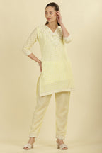 Pale Yellow Cotton Hacoba Style Neck-Embroidered Kurta Set