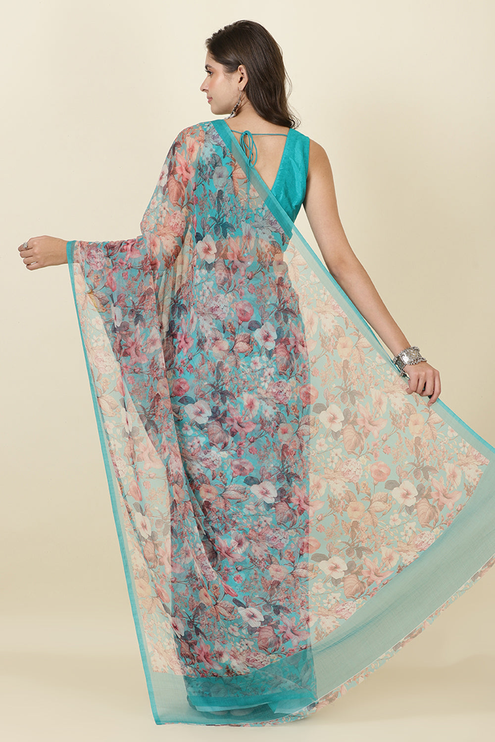 Turquoise Floral Printed Chiffon Saree