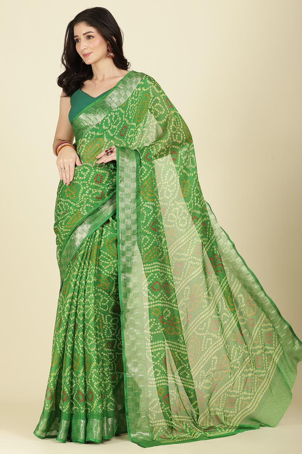 Muted Green Color Chiffon Bandhani Printed Saree