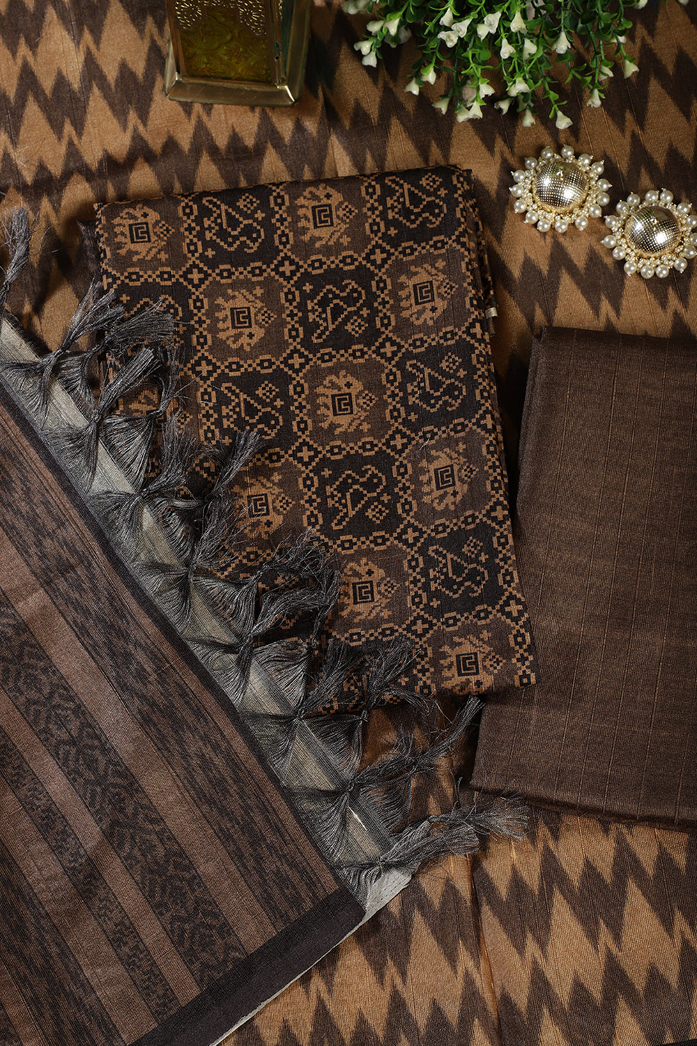 Mustard & Black Chanderi Cotton Digital Printed Unstiched Suit Material