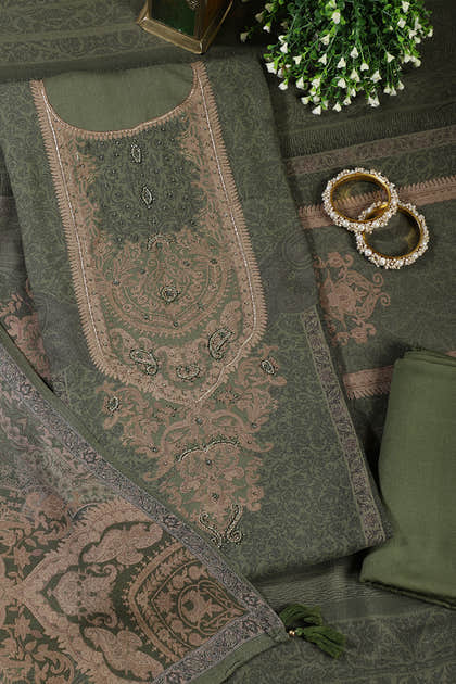 Green Floral Jaal Printed Spun Unstitched Suit Material