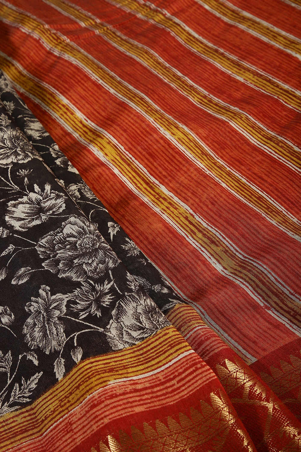 Black Color Printed Cotton Saree with Zari Border