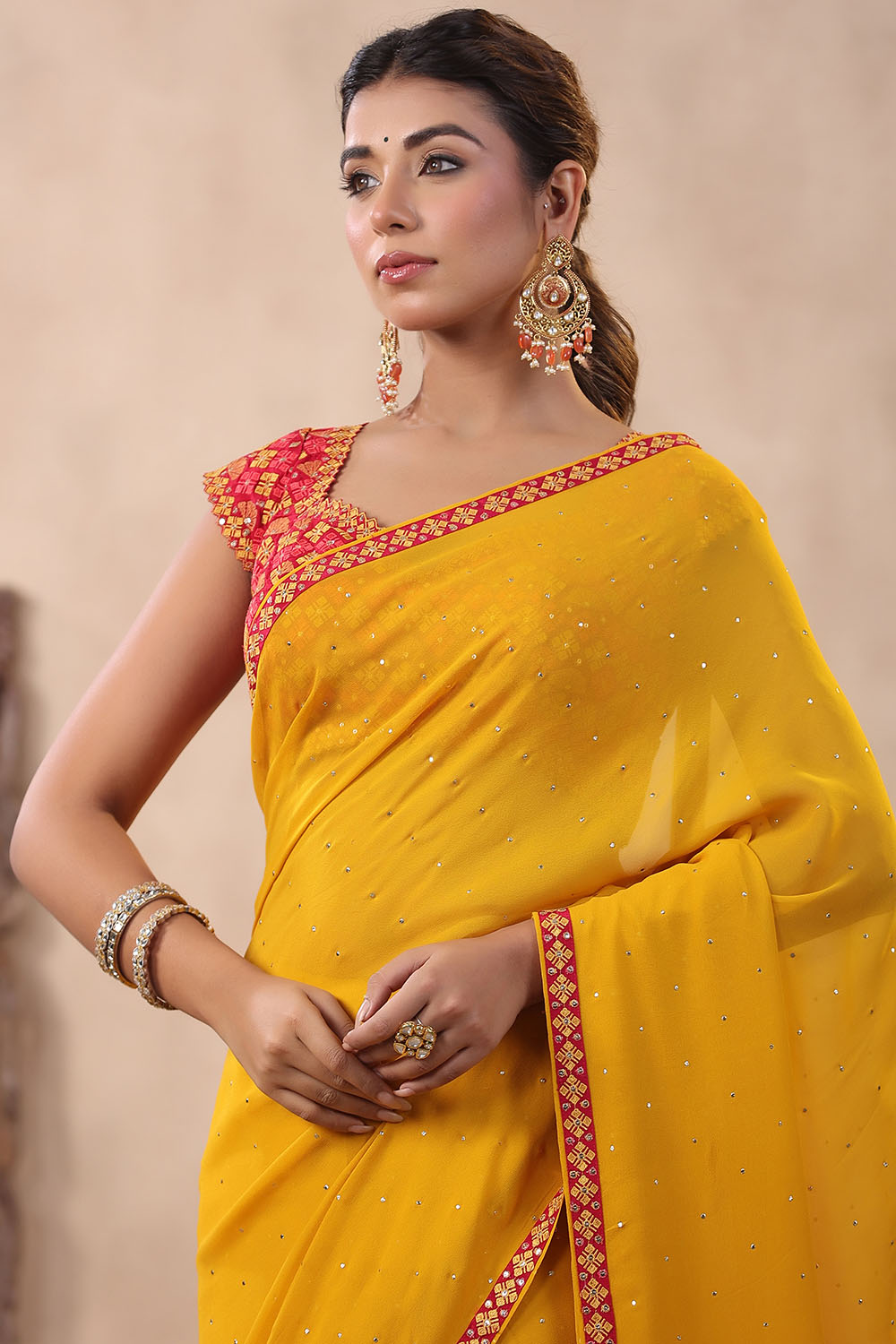 Mustard Color Mukesh Work Georgette Saree With Readymade Blouse