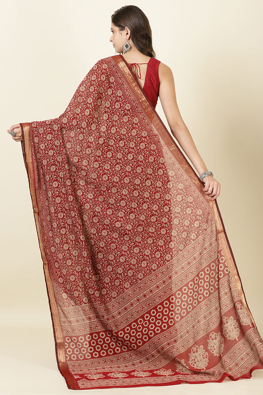 Maroon Cotton Floral Printed Saree