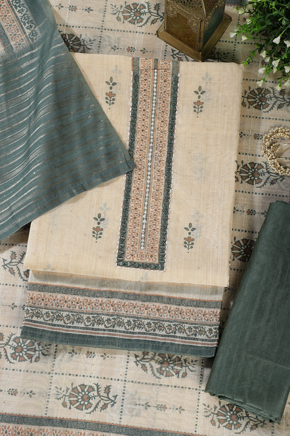 Beige & Green Chanderi Cotton Floral Printed And Neck Embroidered Unstitched Suit Material Unstitched Suit Fabric