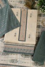 Beige & Green Chanderi Cotton Floral Printed And Neck Embroidered Unstitched Suit Material Unstitched Suit Fabric