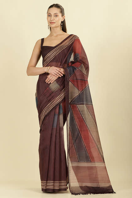 Wine Organza Cotton Printed Saree