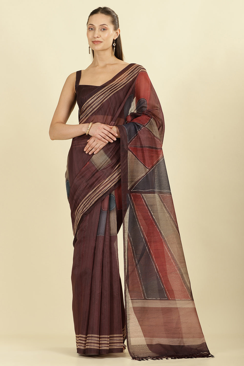 Wine Organza Cotton Printed Saree