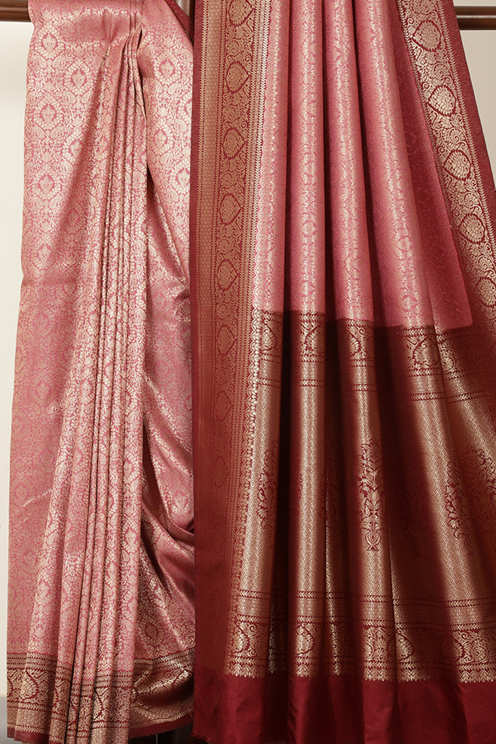 Dusty Pink & Marron Dual Toned Soft Silk Zari Woven Saree