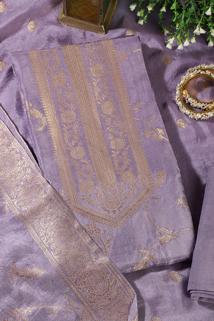 Lavender Banarsi Floral Woven Silk Unstitched Suit