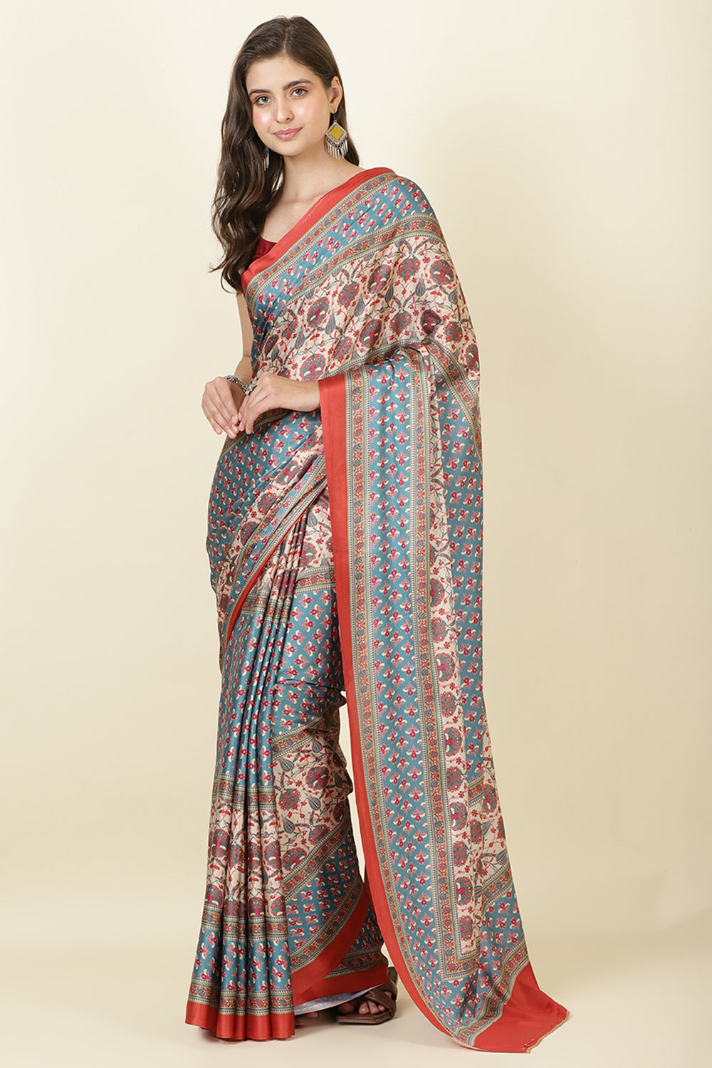 Teal & Beige Crepe Printed Saree