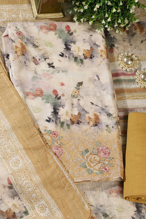 Mustard Cotton Floral Printed And Hemline Embroidered Unstitched Suit