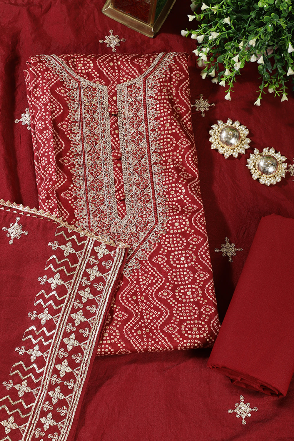 Maroon Cotton Bandhani Printed & Neck Embroidered Unstitched Suit