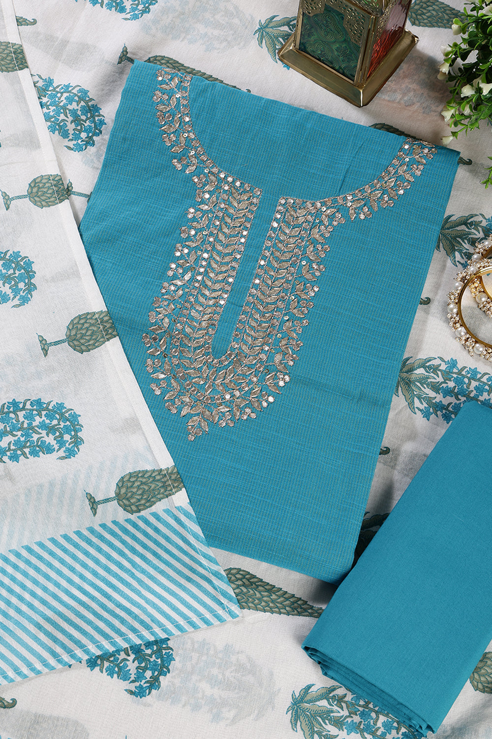 Blue Cotton Gota Patti and Zari Work Unstitched Suit Material