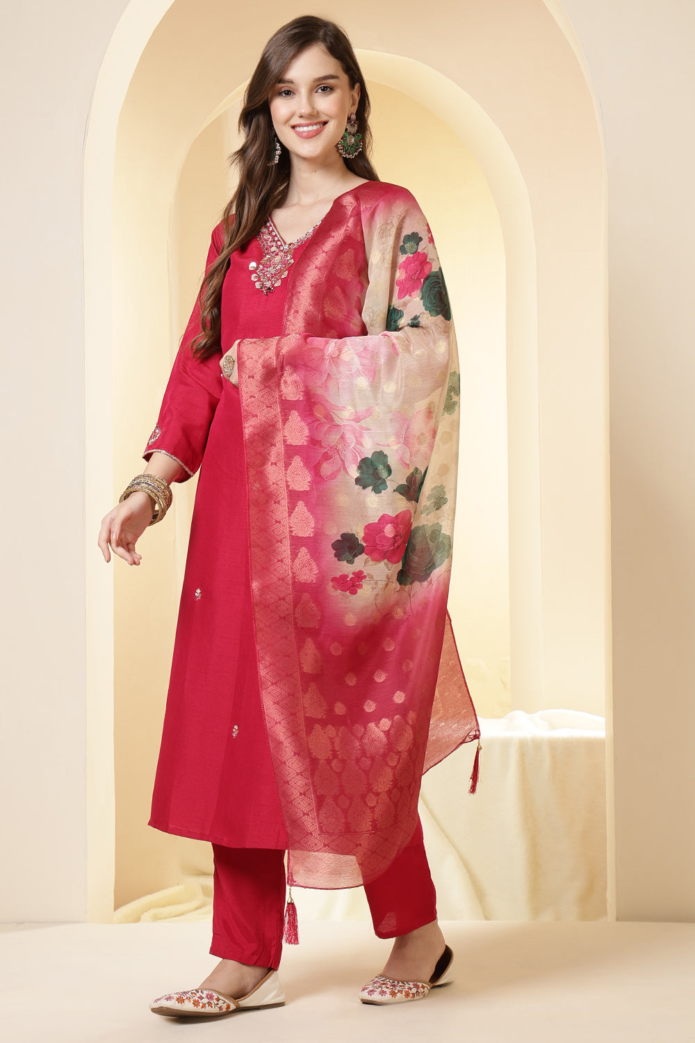 Fushia Pink Color Silk Suit Set With Neck Embroidered & Floral Printed Dupatta