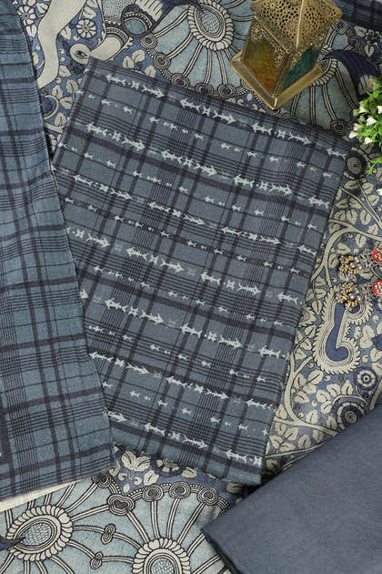 Blue Printed Spun Unstitched Suit Fabric