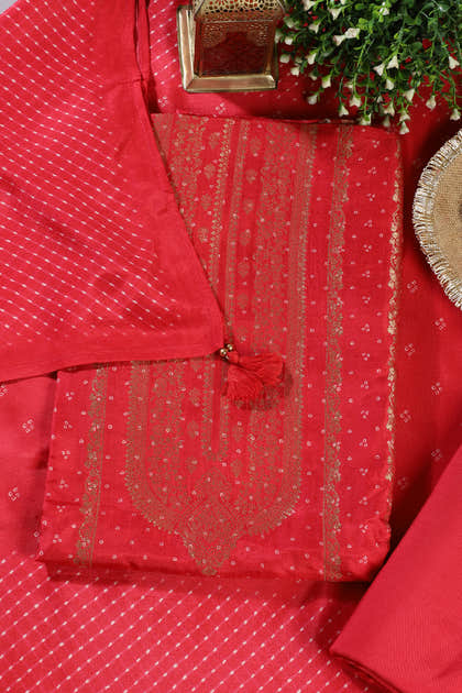 Red Zari Woven And Bandhani Printed Silk Unstitched Suit Fabric