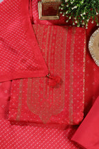Red Zari Woven And Bandhani Printed Silk Unstitched Suit Fabric
