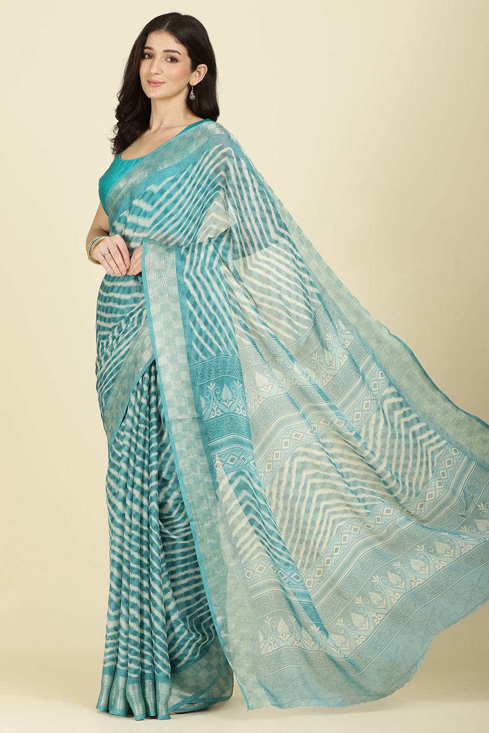 Firozi Color Chiffon Leheriya Printed Saree