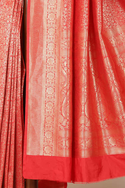 Red Silk Zari Floral Zaal Woven Saree