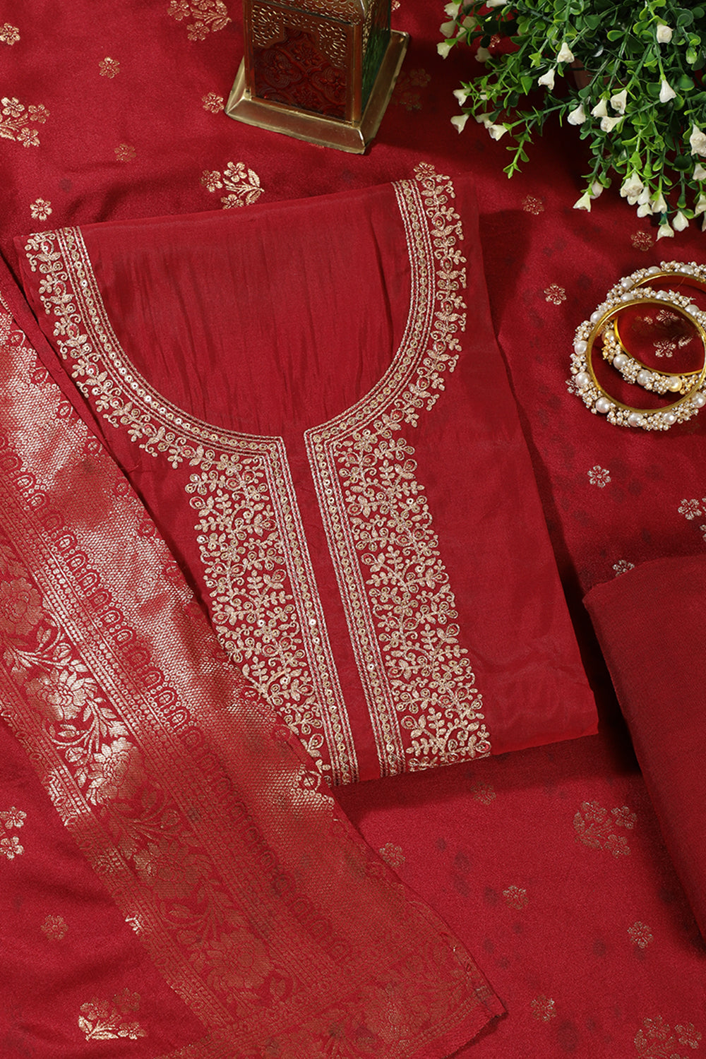 Maroon Silk Neck Zari Embroidered Unstitched Suit Material