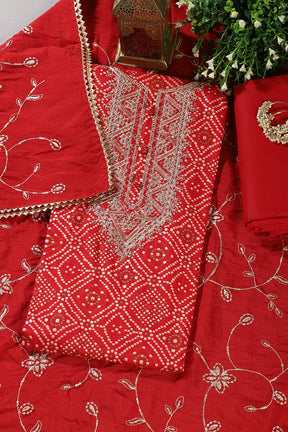 Red Cotton Bandhani Printed And Neck Embroidered Unstitched Suit
