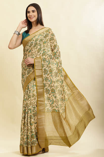 Beige & Olive Green Cotton Silk Floral Printed Saree