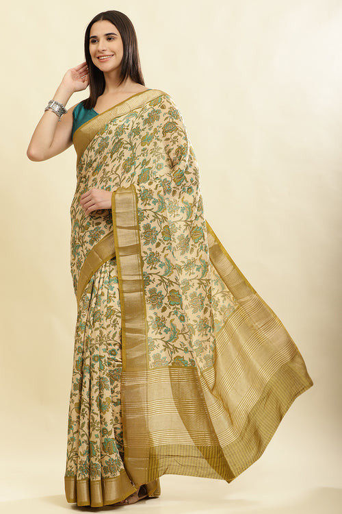 Beige & Olive Green Cotton Silk Floral Printed Saree