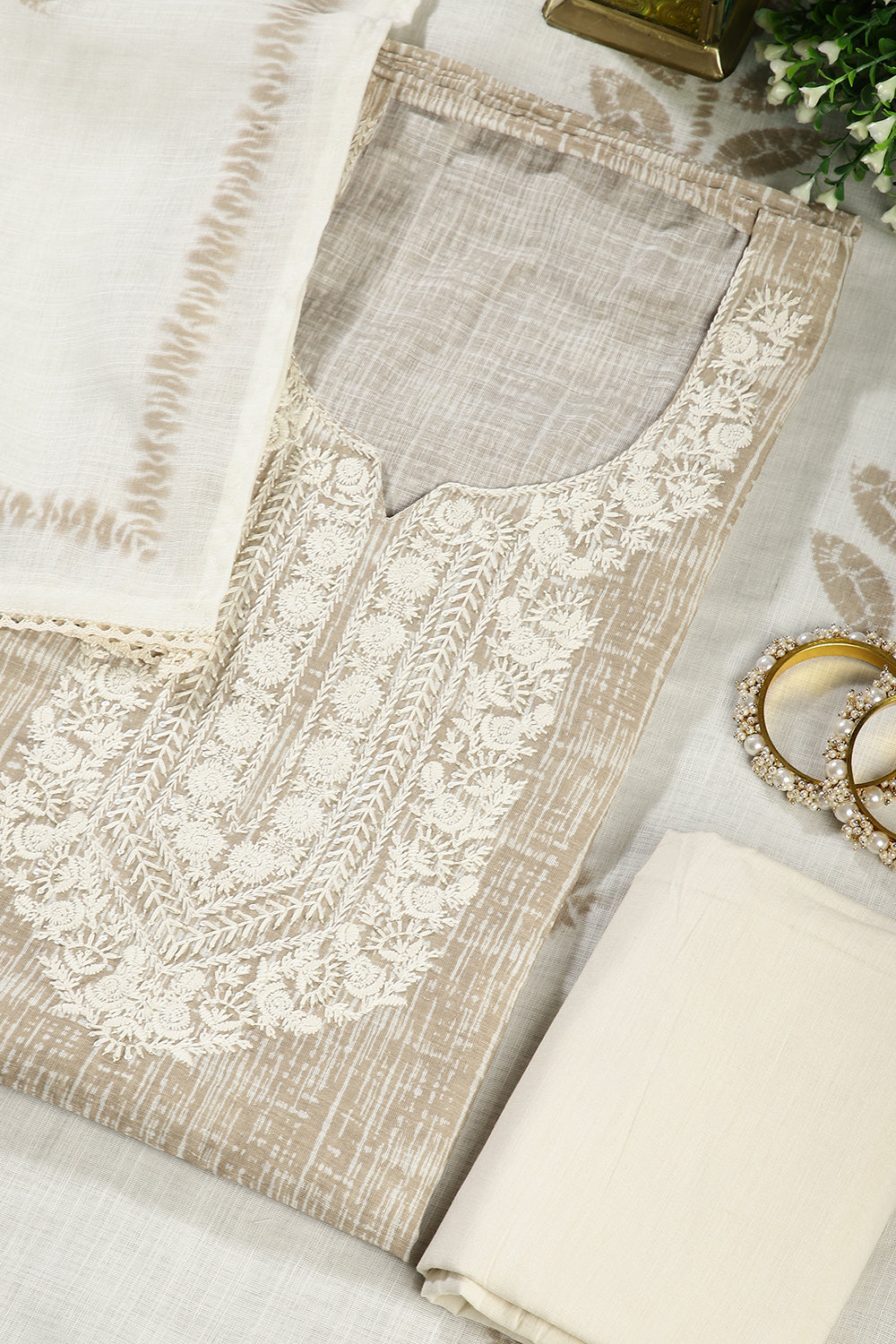 Tussar Colour Cotton Printed & Resham Neck Embroidered Unstitched Suit