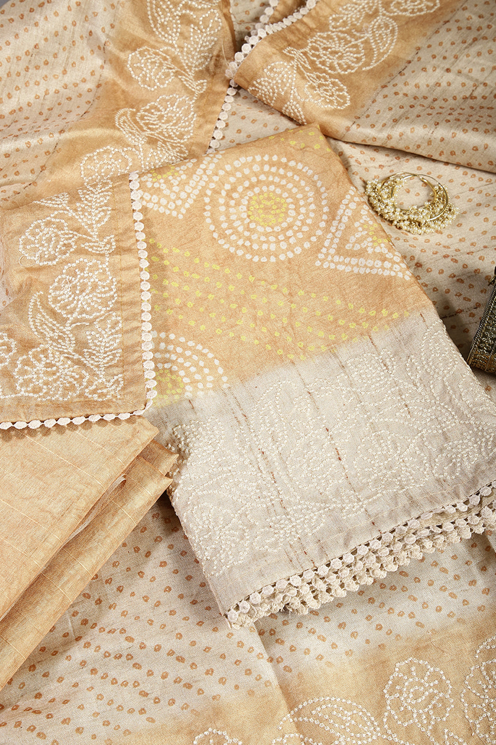 Mustard Color Tussar Silk Bandhani Printed Unstitched Suit Material