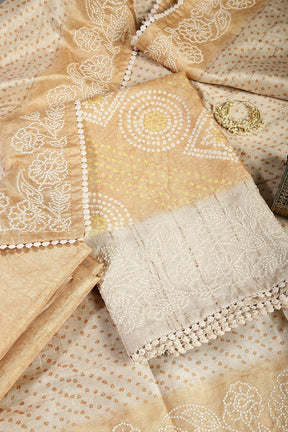 Mustard Color Tussar Silk Bandhani Printed Unstitched Suit Material