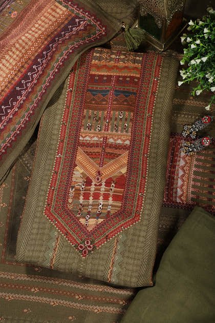 Olive Green Printed Spun Unstitched Suit Material