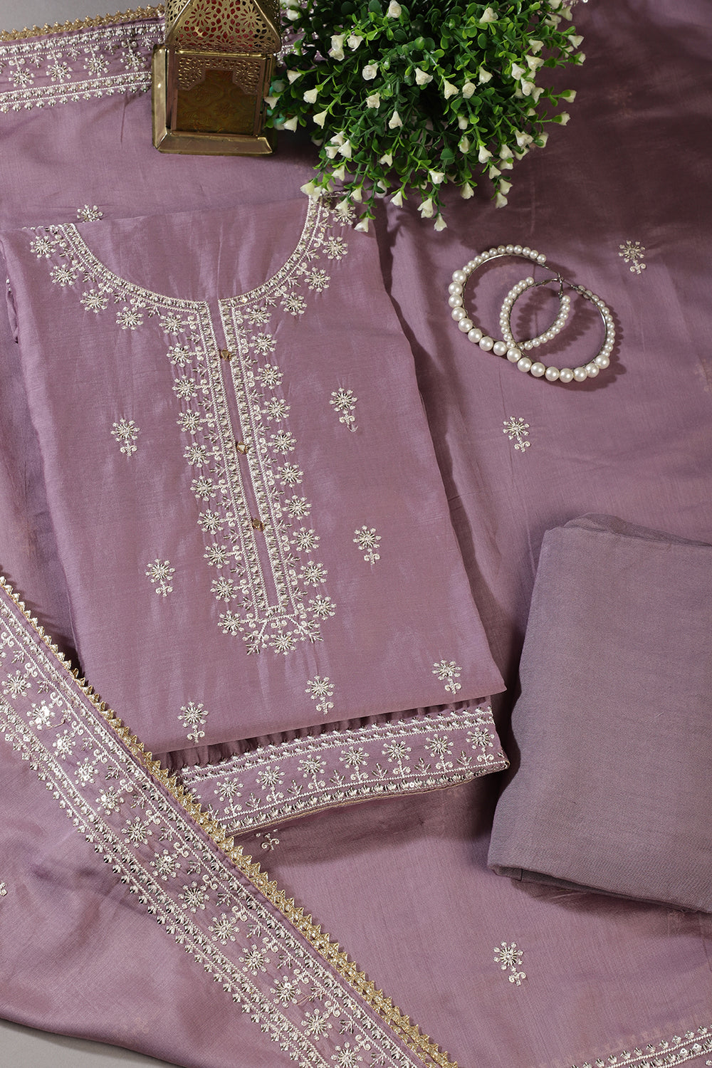 Lavender Chanderi Silk Resham Embroidered Unstitched Suit Material