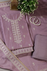 Lavender Chanderi Silk Resham Embroidered Unstitched Suit Material