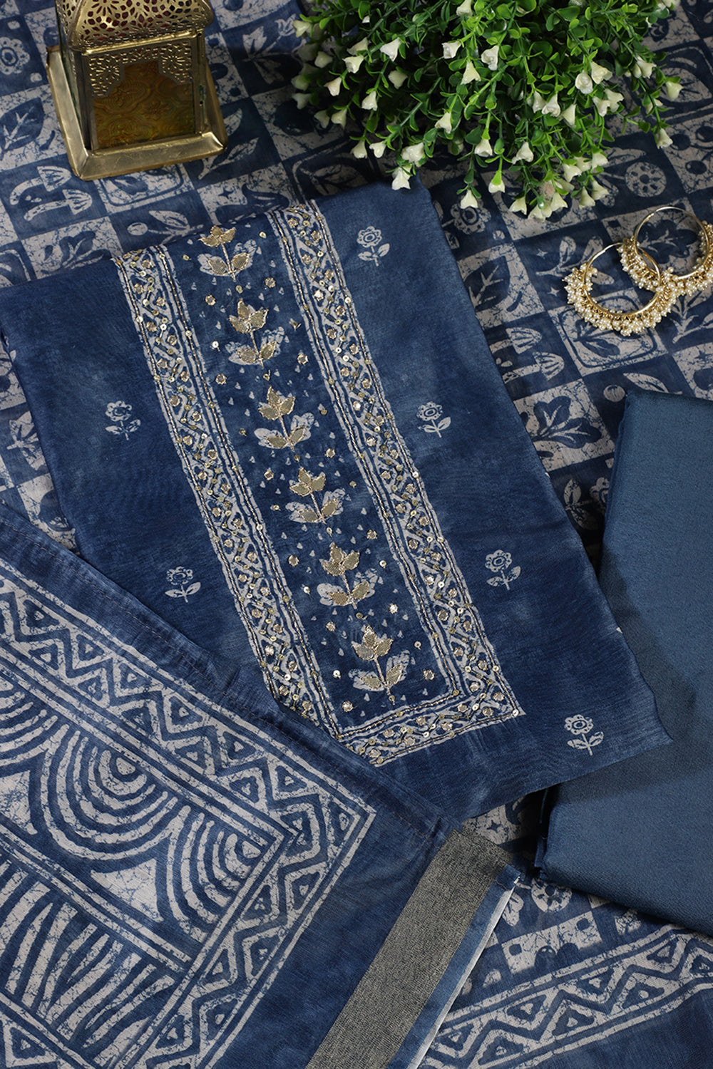 Pacific Blue Chanderi Cotton Printed and Gota-Patti Work Unstitched Suit Material