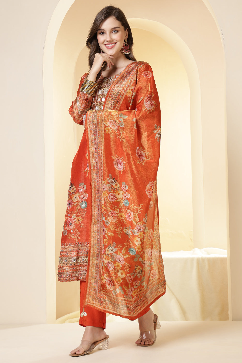 Orange Color Shimmer Tissue Printed & Embroidered Suit Set