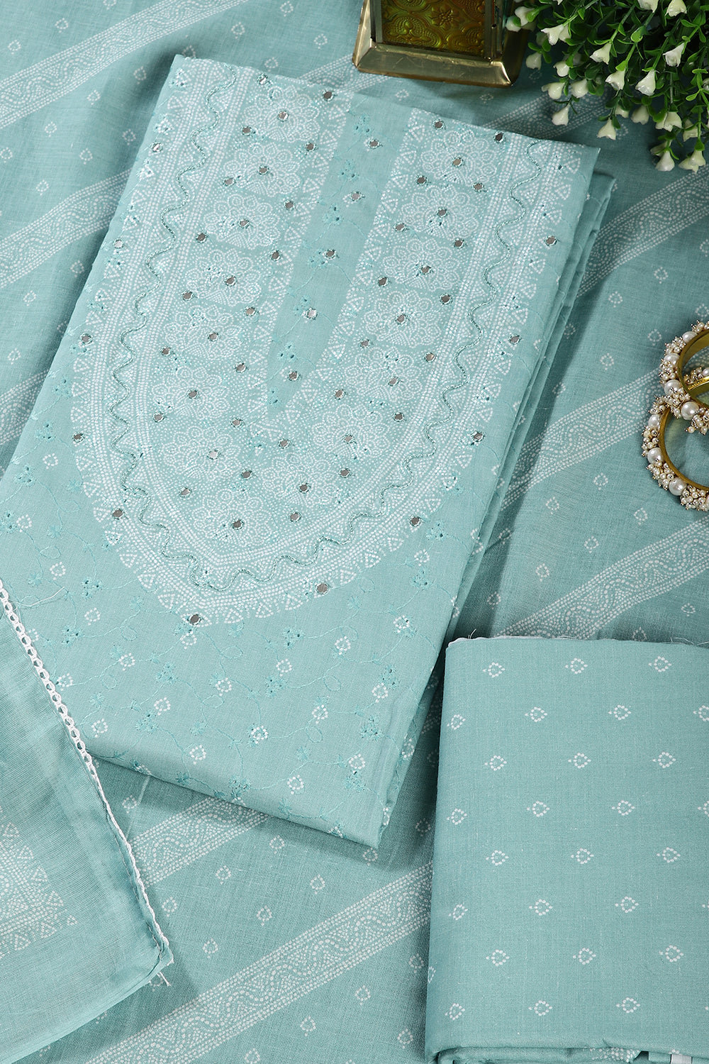 Sea Green Color Printed & Resham Embroidered Unstitched Suit