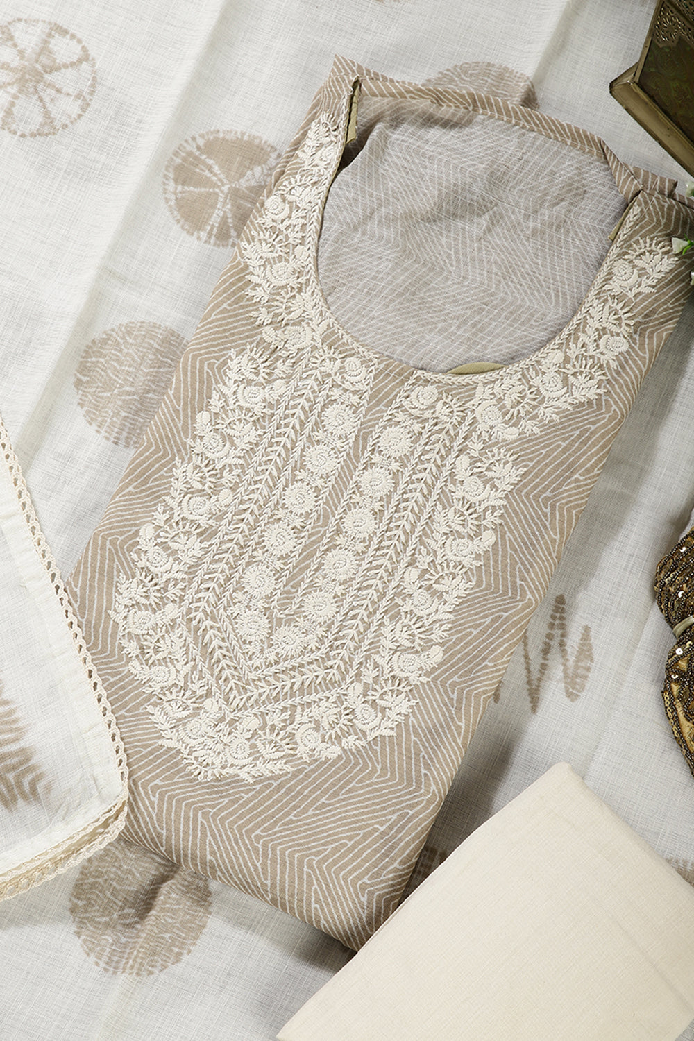 Dark Beige Colour Cotton Printed & Resham Neck Embroidered Unstitched Suit